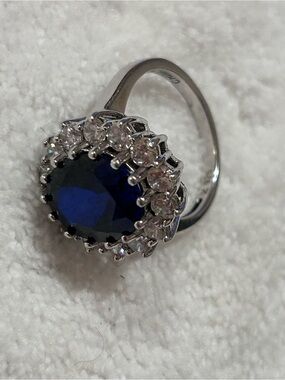 Princess Diana Replica Sterling Silver Blue Sapphire Halo Cocktail Ring